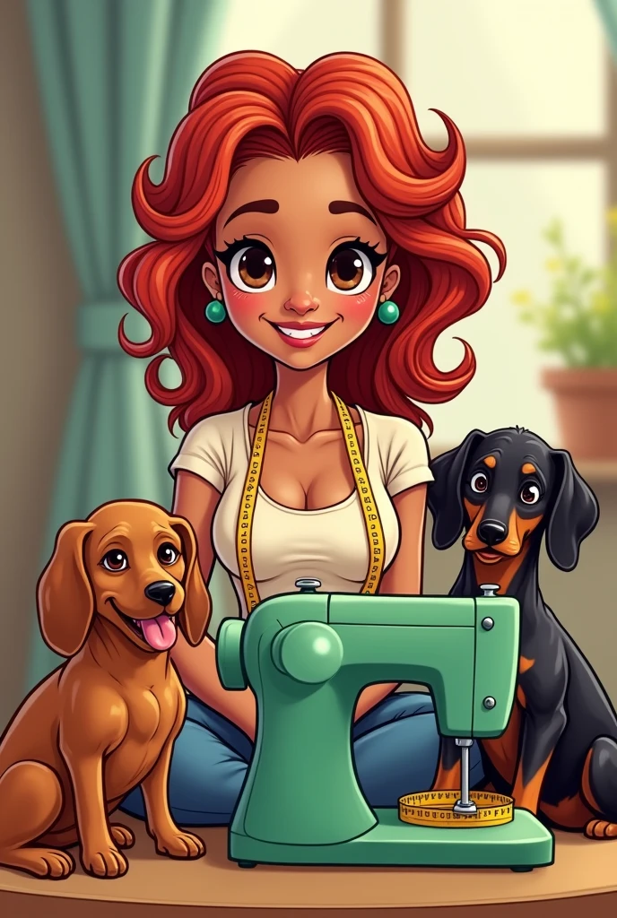 A cartoon style image of a woman with long wavy medium red hair and brown skin, round face sitting with brown eyes, next to green sewing machines and two dogs, a black dachshund with caramel and another dog is a black mutt with a tape measure hanging around the neck of the woman and the dogs