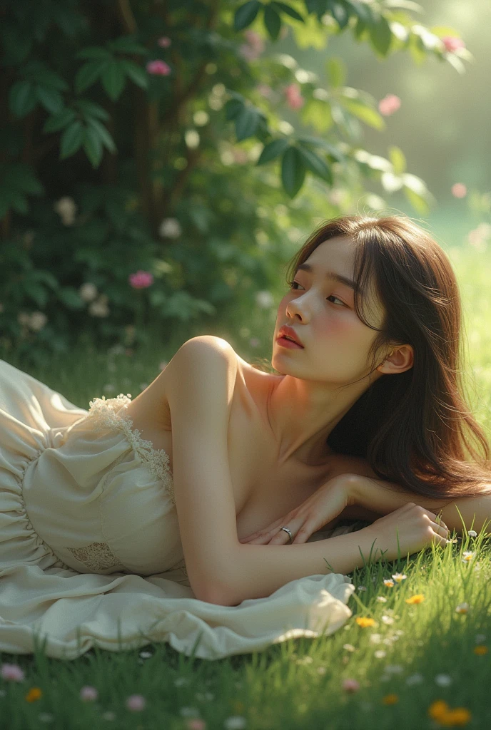 8K、-yeld beiful girl, flower  field, Long hair, Night, Background with:Starry sky、Detailed beautiful sleeping face、Camisole Dresses