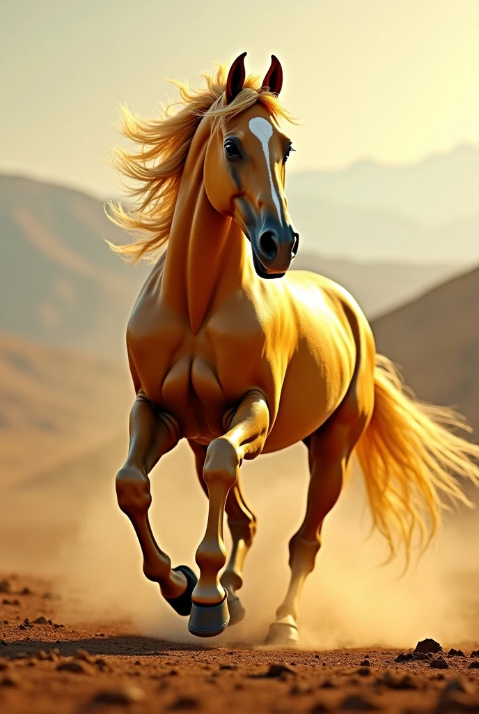 (photorealism:1.2), There is a golden horse running towards the camera