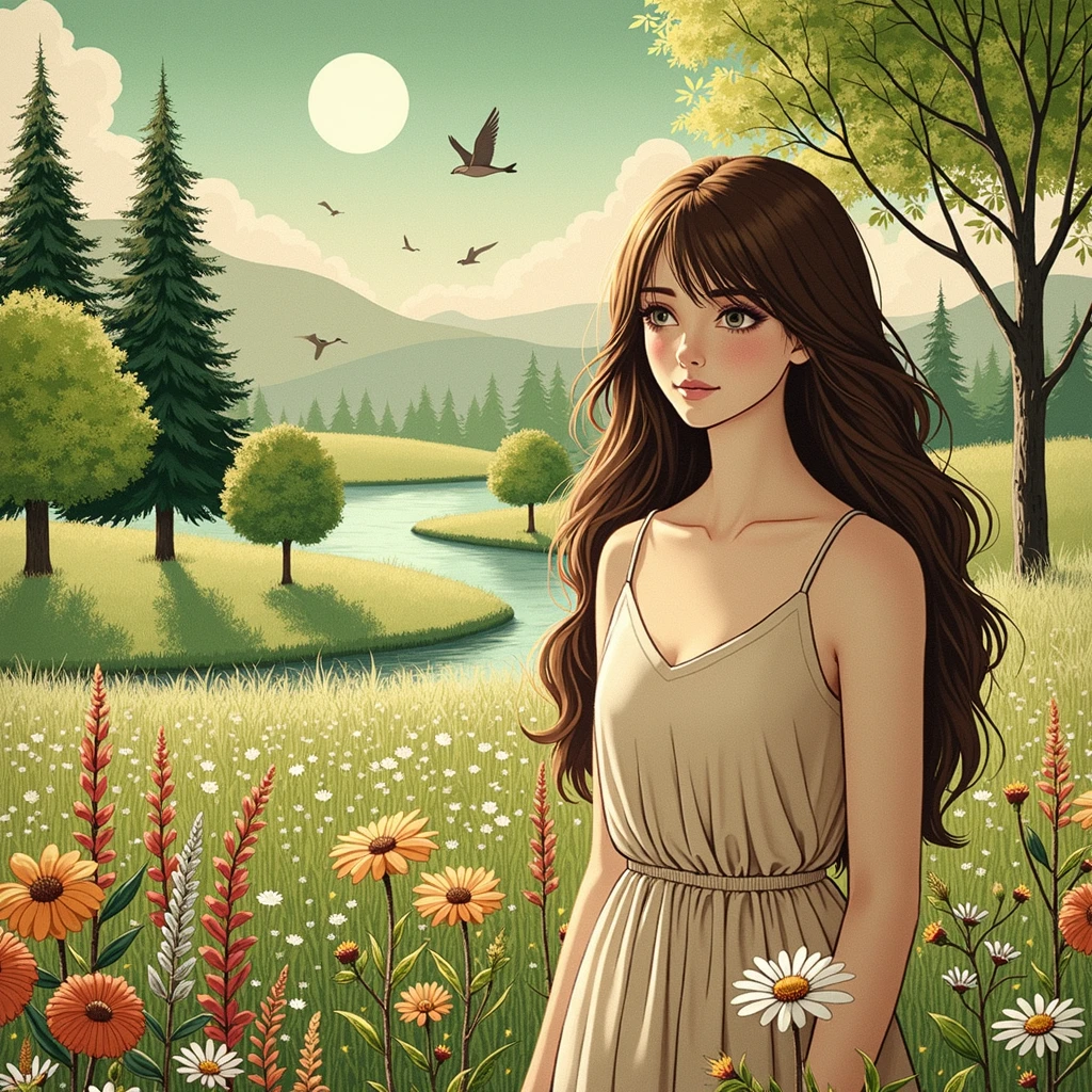 A high quality anime drawing, melancholic, young woman with slight curves and long brown hair
