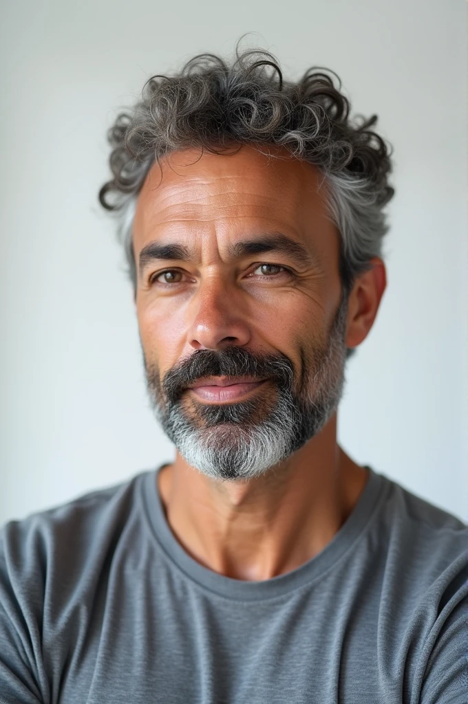 Image is a portrait-style photograph featuring a middle-aged man with a medium skin tone. He has short, curly gray hair and a full beard and mustache that are also gray. His facial expression is neutral, and he is looking slightly downward. He is wearing a gray, long-sleeved shirt with a subtle pattern. The background is plain and light-colored, possibly white or off-white, with no visible objects or decorations. The lighting is soft and even, highlighting the details of his face and hair.