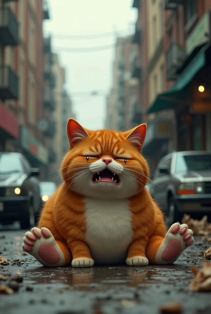 Fat orange cat crying on the street 
