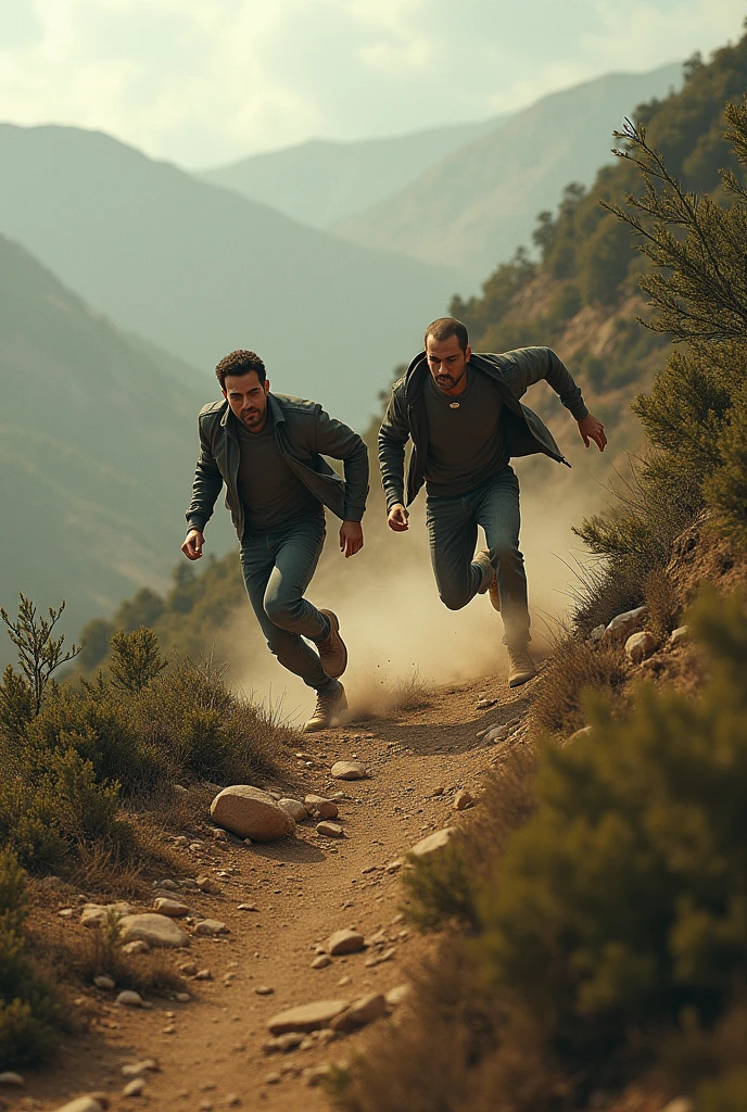 A man chasing a man downward on hills
