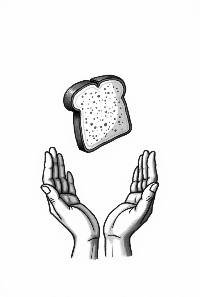 Black and white drawing of a slice of bread floating above hands