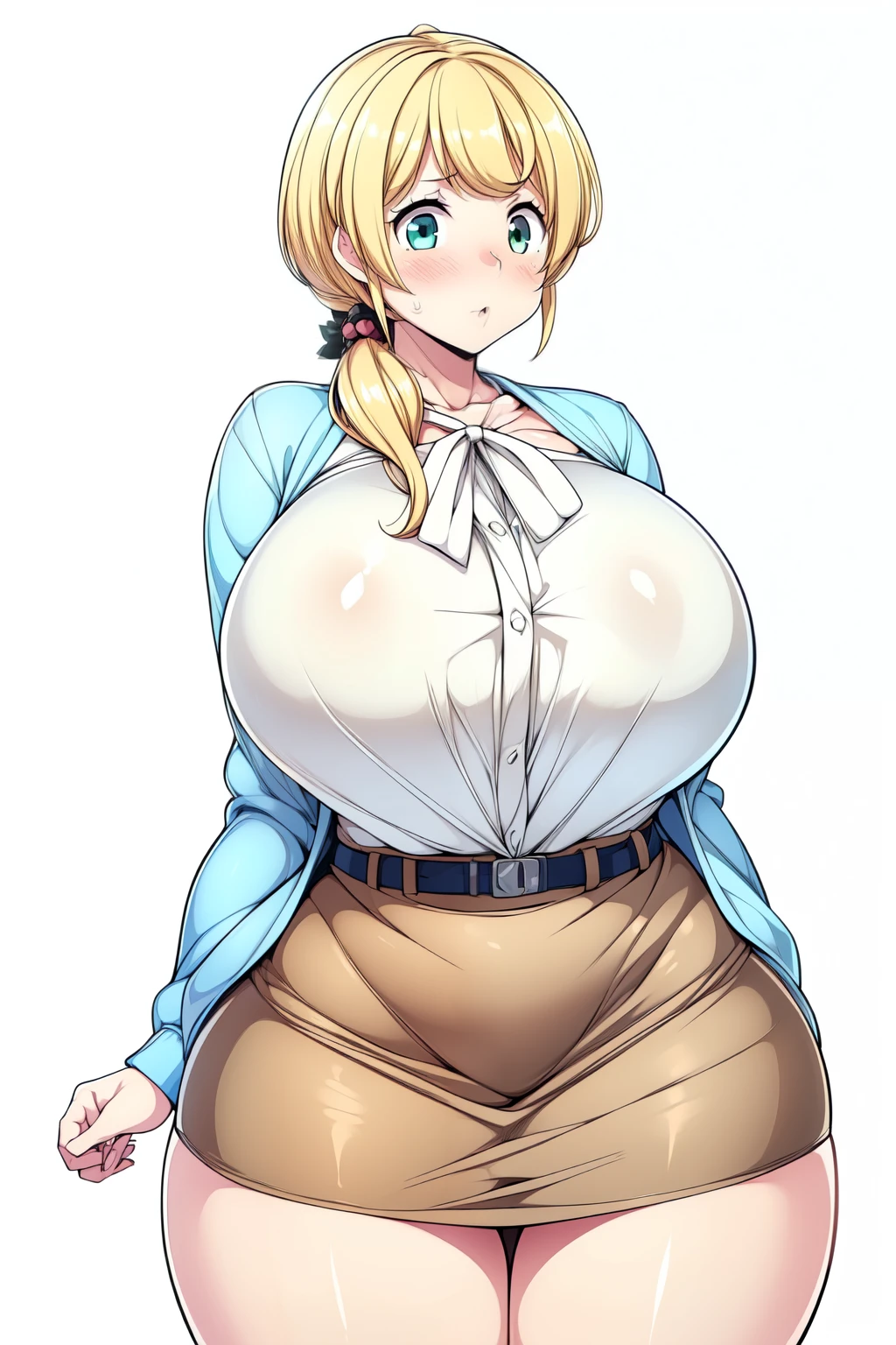 (Highly detailed CG,Highest quality,8k, masterpiece: 1.3),Super Detail, Ultra-high resolution, ((simple white background)), Ellen Baker,girl(teacher),22 years old,Green Eye,Delicate eyes, hair(blonde,length,Loose Side Tail), skin(shiny, oily), (White transparent blouse),(Light blue cardigan), (((without skirt))), (Cute pink panty), (thin:1.4), (huge breasts, bursting breast), (narrow waist:1.4), (wide hips), ((voluptuous thighs, thick thighs)), (from side:0.8), anguish, blush, (((((bare legs))))), nsfw,