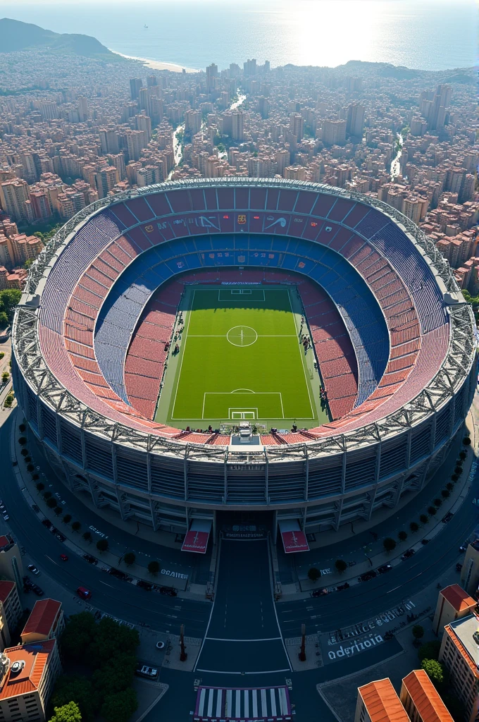 Create an image of the Barcelona stadium from bottom to top