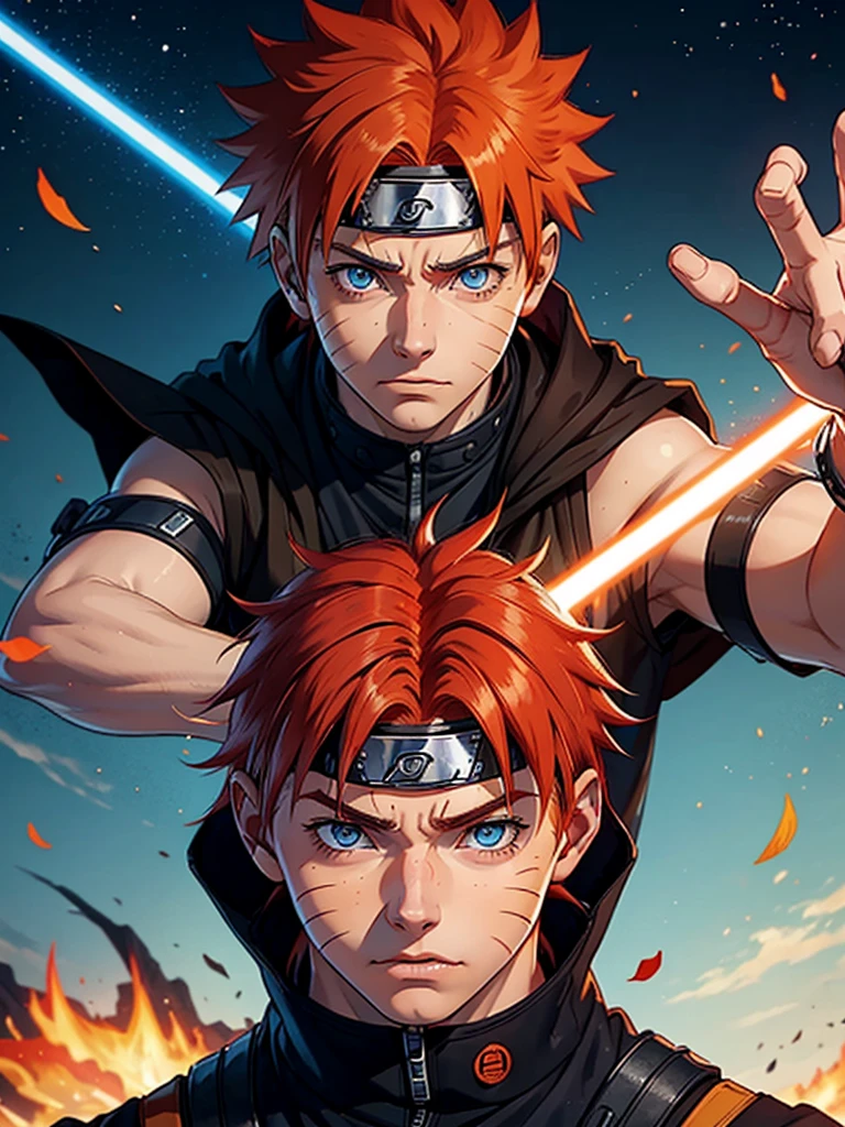 A young man (17 years) red hair with blue eyes, three whisker marks on his cheeks and tanned skin (Naruto with red hair), este Naruto tiene que tener vestimenta jedi the star wars (Don't include ninja bandana in your outfit) and a lightsaber (the star wars) orange in his hands.