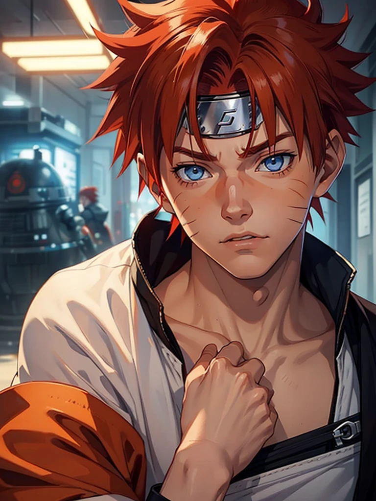 A young man (17 years) red hair with blue eyes, three whisker marks on his cheeks and tanned skin (Naruto with red hair), este Naruto tiene que tener vestimenta jedi the star wars (Don't include ninja bandana in your outfit) and a lightsaber (the star wars) orange in his hands.