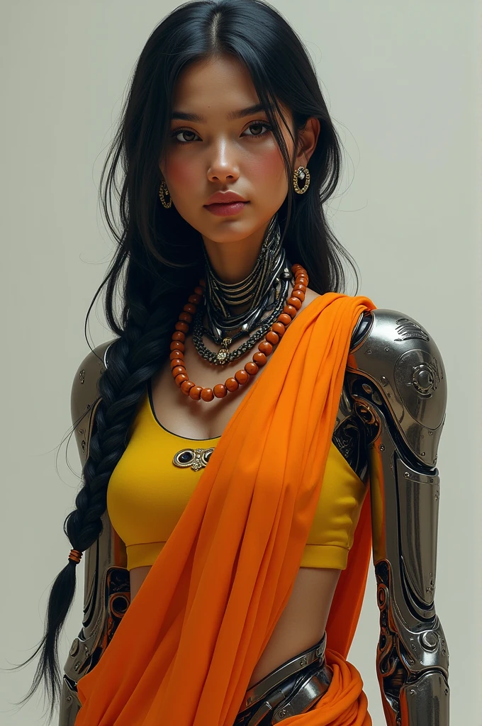 40 year old Indian woman, half cyborg, black hair using a single medium-long braid, clothes in shades of orange and yellow, using a guide with orange and brown beads, robotic left leg, human right leg, Robotic right arm, human left arm. Piercing de argola fino no nariz
