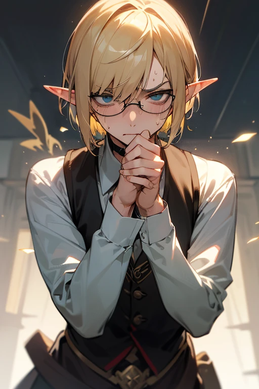 male、male性、Short Hair、Straight Bob、Blonde、Glasses、adult、adultのmale、adultの体、大柄のmale、Elf、Pride、Severe、Disgust、Irritation、Glare、Clumsy Hands、Stocky build、Slender、sex appeal、Magic Mentor、Long staff、Sweat、Sexual、Heavy breathing、pleasure、Brainwashed、Charmed state、desire、palpitation