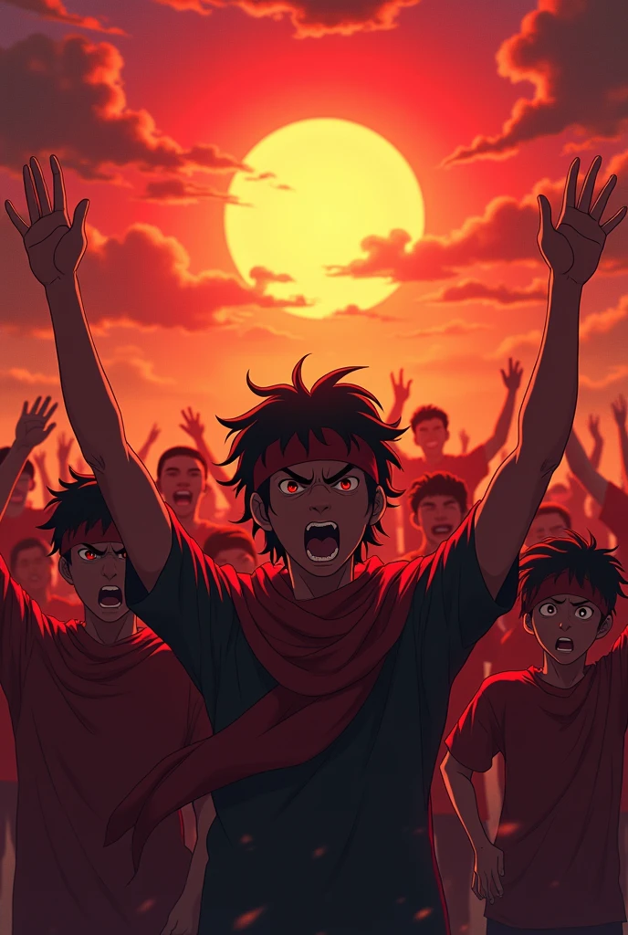 It is a protest performed by students of Bangladesh putting red headbans on and they all are angry dark red and sun is rising behind them its japanese anime