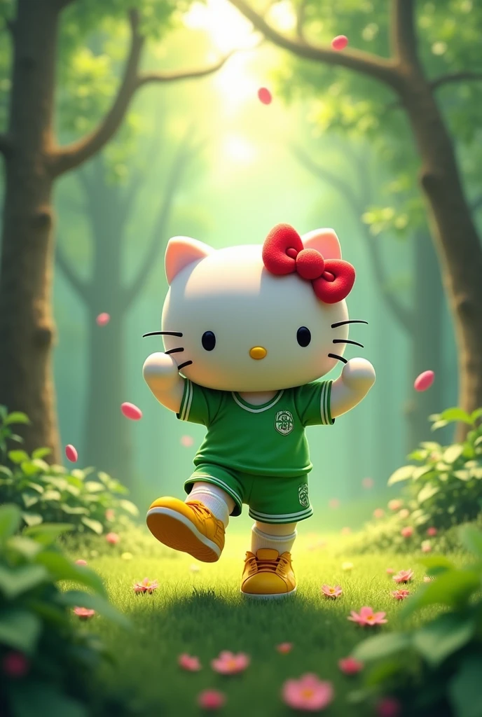 Hello kitty dancing with a green player shirt with yellow shoes in the forest

