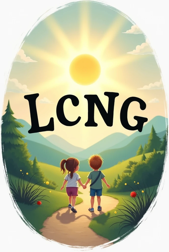 Circular image with the letters in the center "LCNG" in black , At the top there is a sun and the sky and at the bottom there are two children walking down a path with their backs turned, holding hands.
