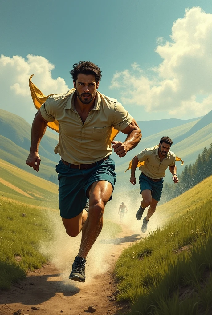 A man chasing a man downward on hills
