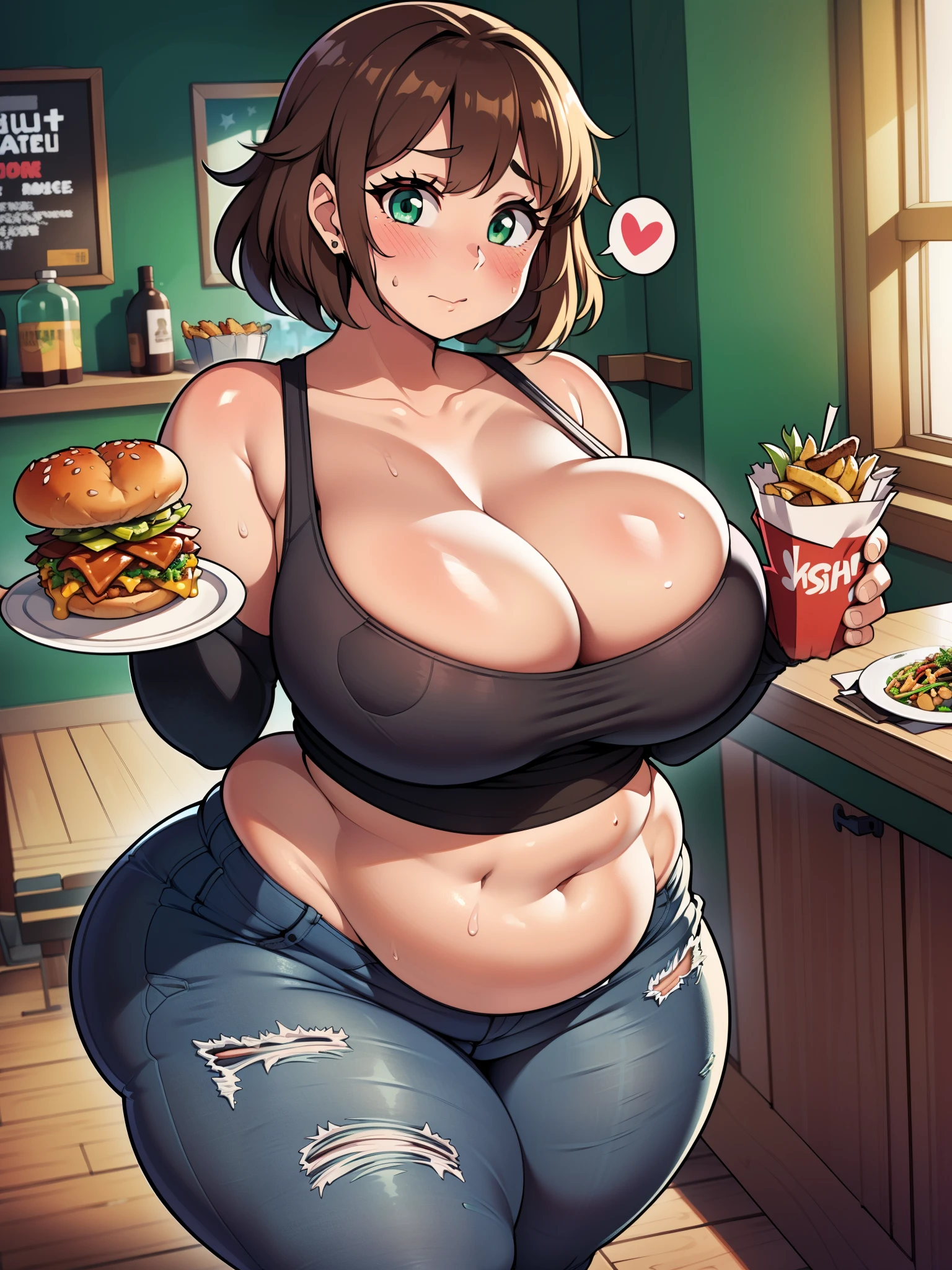 ((highres)), Masterpiece, high quality, best quality, beautiful, perfect lighting, detailed face, ultra cute face, ((1girl)), ((blush)), ((blush)), embarrassed, looking at viewer, skindentation, short brown hair, fluffy hair, green eyes, jeans, tank top, tight clothes, full body, fast food restaurant, medium breasts, perky breasts, cleavage, ((wide hips)), ((massive thighs)), ((plump)), chubby belly, fat folds, standing, holding plate of food, standing in front of a table full of food, looking at viewer, spoken heart,