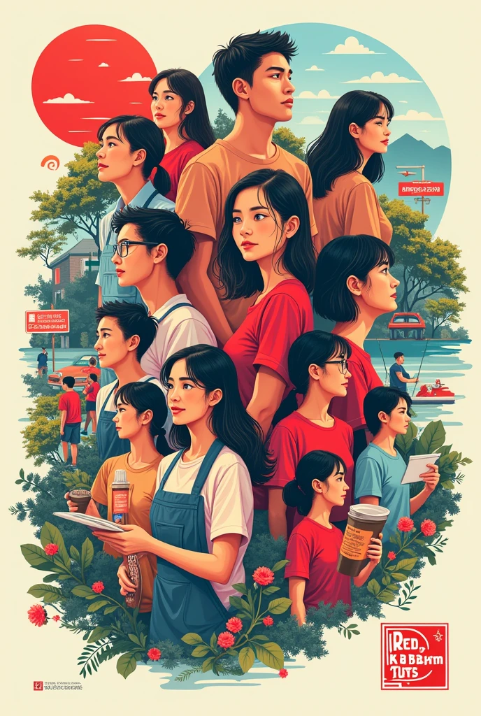 A poster depicting the works done by red ribbon club, blood donations, rescue activities,  cleaning

