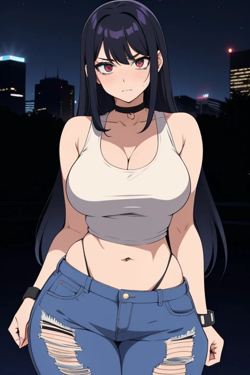 20 year old woman, busty, bubble butt, hourglass figure, skinny, blushing, frustrated expression, horny, seductive, black hair, long hair, straight hair, bangs, wearing wearing white tank top, jeans, choker, sneakers, tight fitting clothing, middrift, cleavage, anime, city at night, outside, punk, punk style, punk hair, doujin style, manga, flat colours, 2d manga