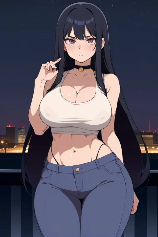 20 year old woman, busty, bubble butt, hourglass figure, skinny, blushing, frustrated expression, horny, seductive, black hair, long hair, straight hair, bangs, wearing wearing white tank top, jeans, choker, sneakers, tight fitting clothing, middrift, cleavage, anime, city at night, outside, punk, punk style, punk hair, doujin style, manga, flat colours, 2d manga