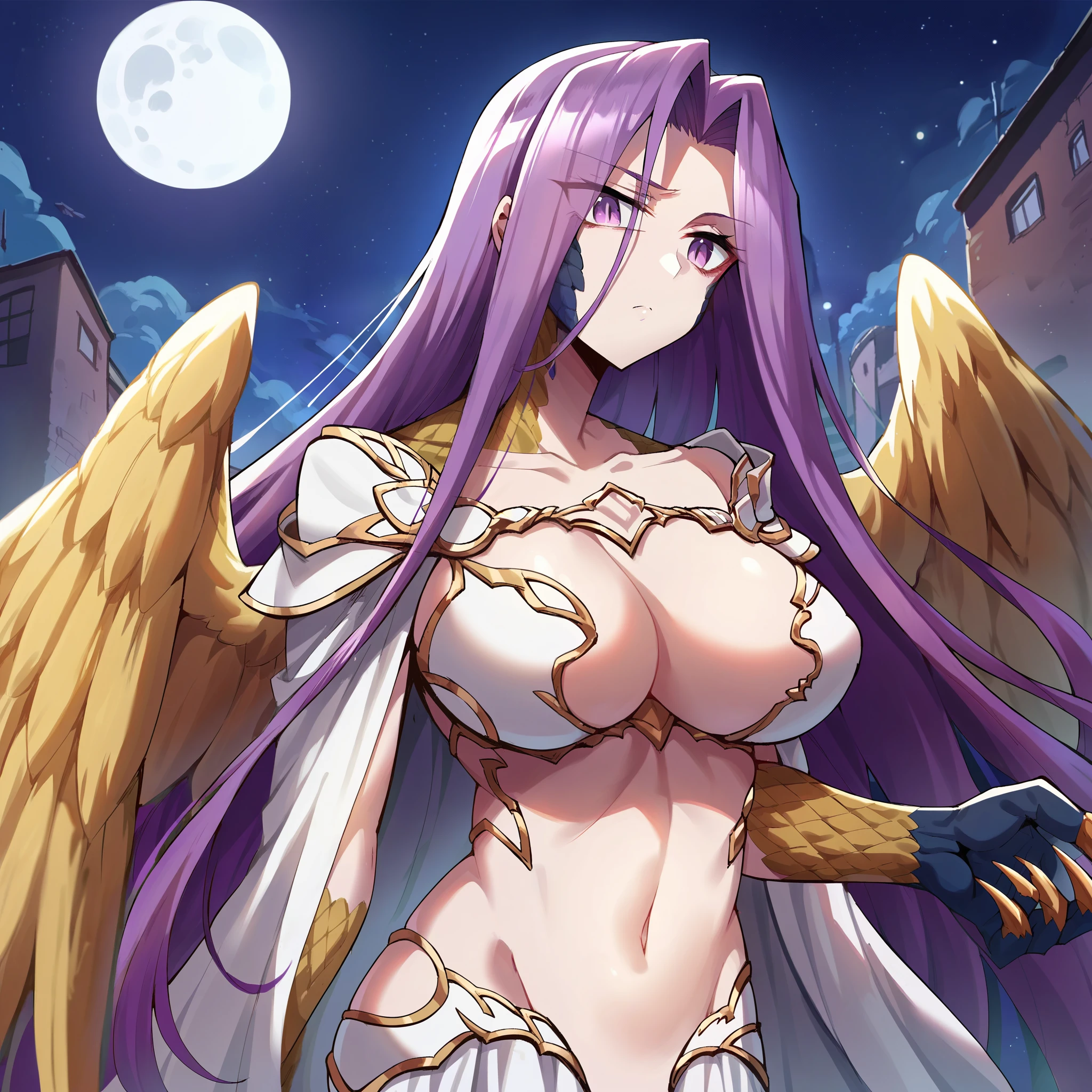 1girl, monster girl, purple hair, absurdly long hair, purple eyes, snake hair, claws, scales, white clothes, revealing clothes, big large breasts, pelvic curtain, wings, score_9, score_8_up, score_7_up, score_6_up, score_5_up, score_4_up, (m-da s-tarou:0), masterpiece, close-up, night sky, post-apocalypse, crumbling city on background, late night, moon, dark alleyway, detailed face, despising face, upper-body, close-up,