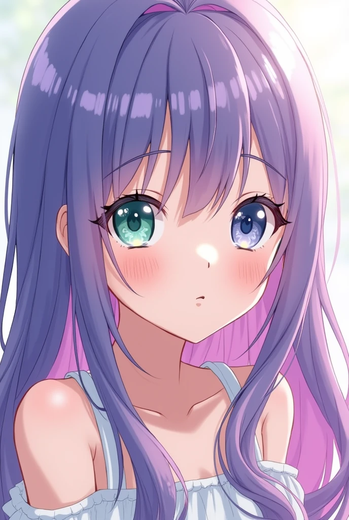 A girl like Ai oshi no ko's hair, that is, violet with pink highlights, I would like the right eye to be aqua green and the left eye to be grey