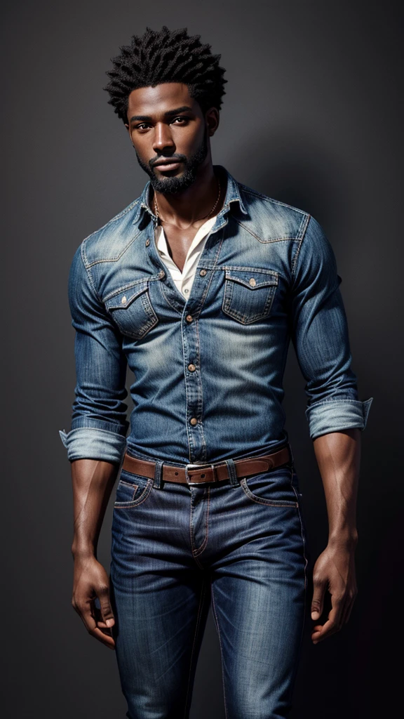 (Best Quality:1.1),original, 1 man, A handsome dark-skinned man., African American man with natural hair, short hair, Haircut, ebony nose, wide shoulders, high, masculino with Hollywood beard, dressed in a blue shirt and skinny denim jeans that fit very toned legs Cartoons,anime illustrations, style is abstract beauty, Sundaratang, illustrations of lovely characters, folklore --ar 2:3 - in 6.0