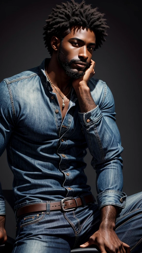 (Best Quality:1.1),original, 1 man, A handsome dark-skinned man., African American man with natural hair, short hair, Haircut, ebony nose, wide shoulders, high, masculino with Hollywood beard, dressed in a blue shirt and skinny denim jeans that fit very toned legs Cartoons,anime illustrations, style is abstract beauty, Sundaratang, illustrations of lovely characters, folklore --ar 2:3 - in 6.0