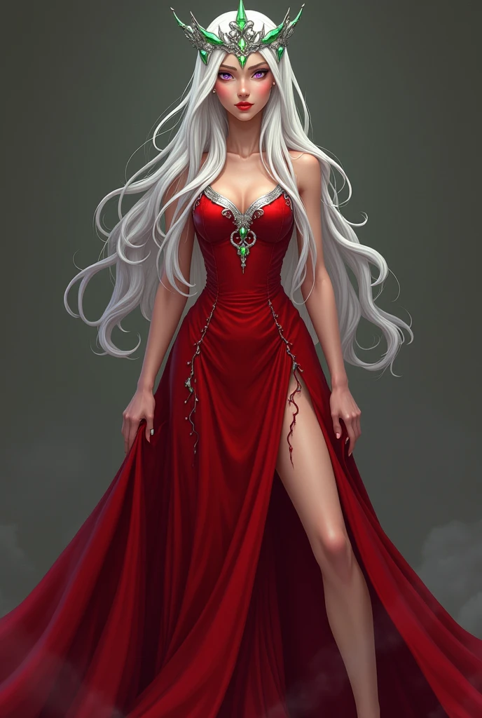 A woman with white hair and purple eyes dressed in a long red dress with slits at the edges of the legs and a silver crown with green sparkles