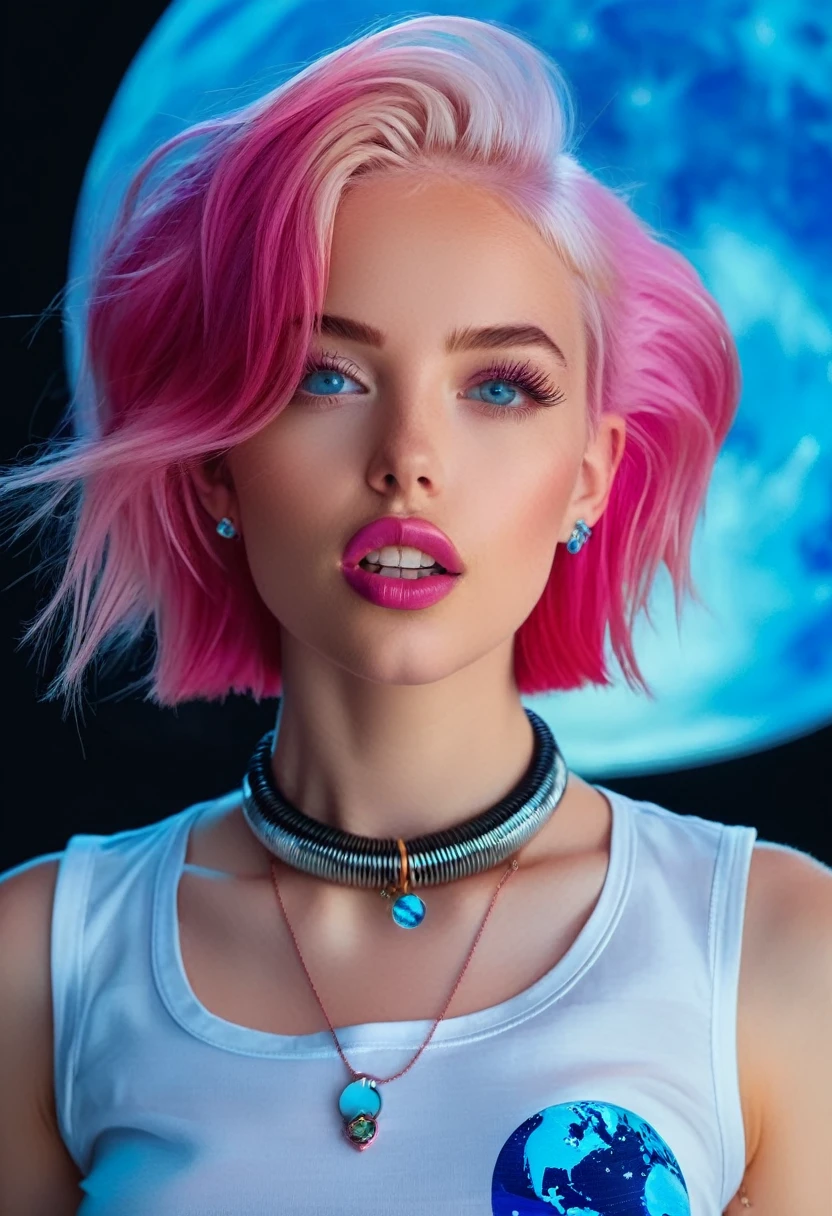 1 girl, Beautifull, blue eyes, blurred background, jewelry, Lips, by the wide, looking at the viewer, looking to the side, collar, parted Lips, pink hair, realist, RING, shirt, sleeveless shirt, Alone, teeth, Upper part of the body, on the moon listening to music looking at planet earth