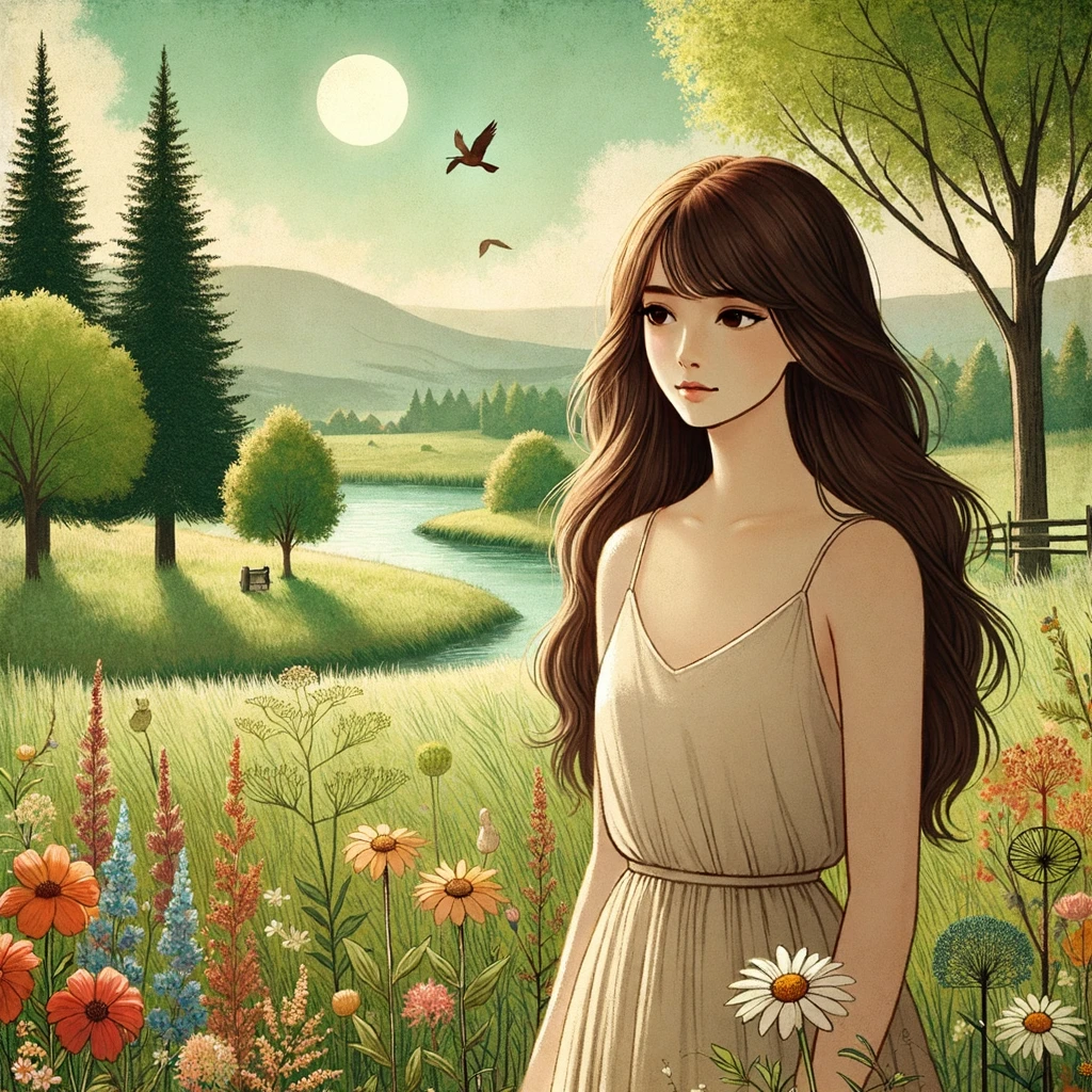 A high quality anime drawing, melancholic, young woman with slight curves and long brown hair, blue eyes