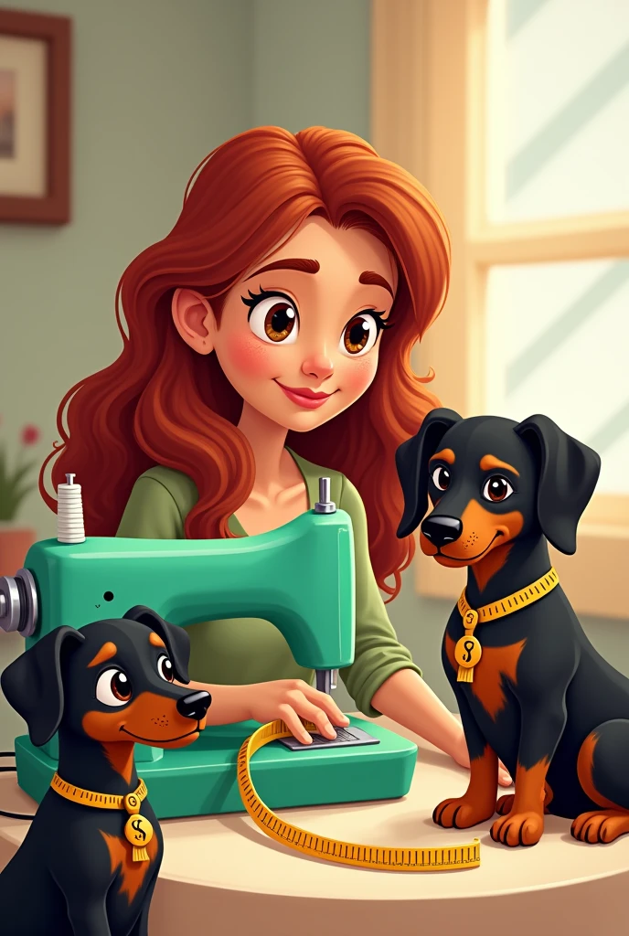 A cartoon style image of a woman with long wavy medium red hair and brown skin, round face with brown eyes, sitting sewing next to green sewing machine . Next to the sewing machines there is a black and caramel dachshund and an all-black mongrel. There is a tape measure hanging around the necks of the woman and the dogs