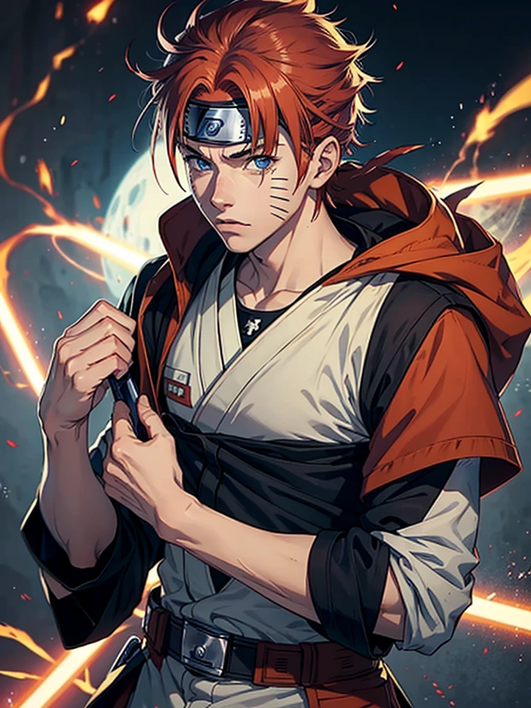 Young Naruto () red hair with blue eyes, three whisker marks on his cheeks and tanned skin, este Naruto tiene que tener vestimenta jedi the star wars (Don't include ninja bandana in your outfit) and a lightsaber (the star wars) orange in his hands.
