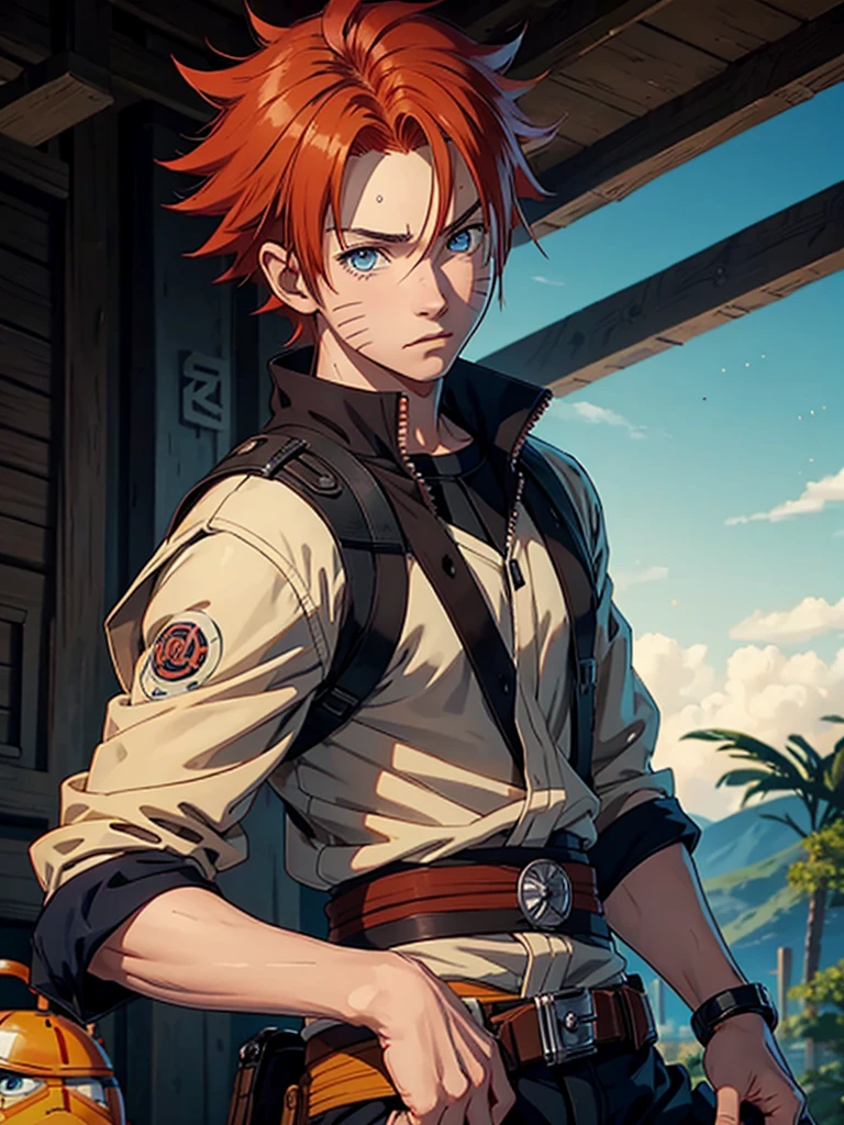 Young Naruto (17 years) red hair with blue eyes, three whisker marks on his cheeks and tanned skin, este Naruto tiene que tener vestimenta jedi the star wars (Don't include ninja bandana in your outfit) and a lightsaber (the star wars) orange in his hands.