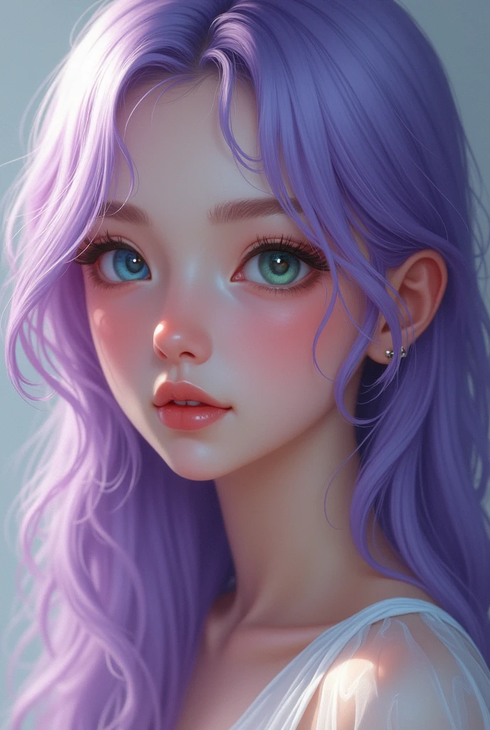 (32 mil) 16K, 8k, 4K, Super thin face, small mouth, lip biting makeup, effeminate, cabelo roxo, purples eyes, high resolution, perfect. portraite.