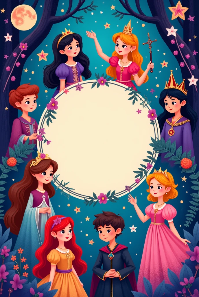 Design a vibrant and whimsical collage featuring characters from the Brothers Grimm fairy tales, both male and female, in a child-friendly animated style. The image should blend artistic elements inspired by theater and crafts, with a focus on neon colors and magical themes. Incorporate visual elements such as magical forests, enchanted castles, and fairy-tale settings. The collage will serve as a background for a school event invitation. Include a title in italicized text: English Festival and add four lines of text inviting attendees to join the celebration of literature and creativity. With several characters such as Snow White, the princes, Sleeping Beauty, Maleficent, Beauty and the Beast, and the kings around, and in the center, a circle or bubble for text. "In the center, it should say 'English Festival.'" It should showcase theater and musical performances, as well as the children's artistic expressions.