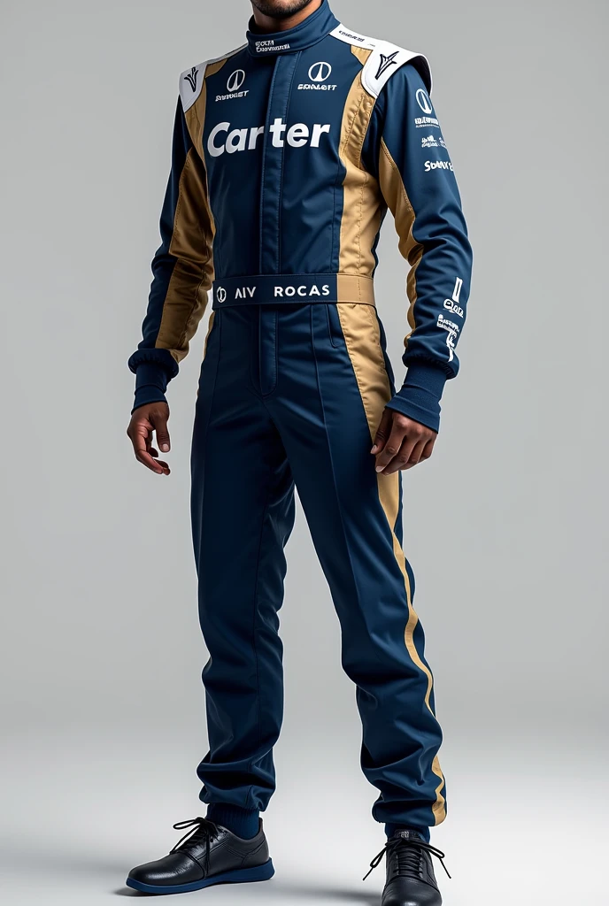 Formula 1 uniform in navy blue colors, beige and white, and with the team name "Carter"