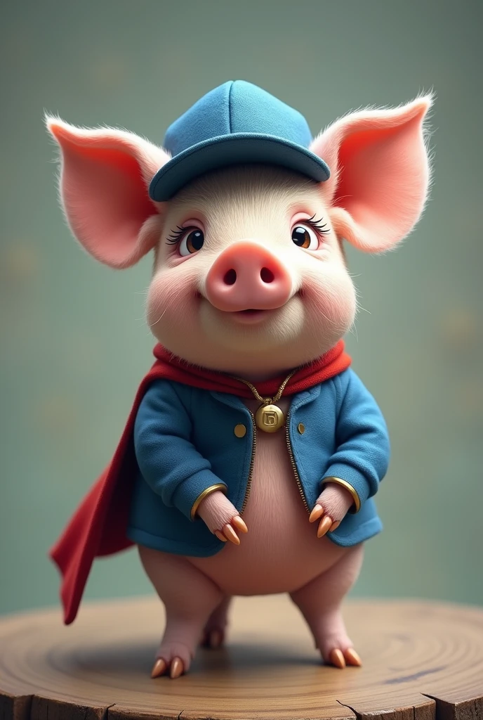 A super pig standing with a blue cap, with nothing written