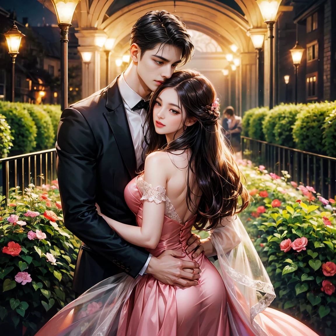 Night Flower Garden,Woman in pink evening dress，Long, straight, dark brown hair. ,Couple hugging from behind，Short black hair for，handsome，A young woman with long, wavy black hair，black dress,footpath ,The lights are dim.,Half body 4k,35 year old man ,Strong, broad chested ,Big one,Taller men,Not full.
