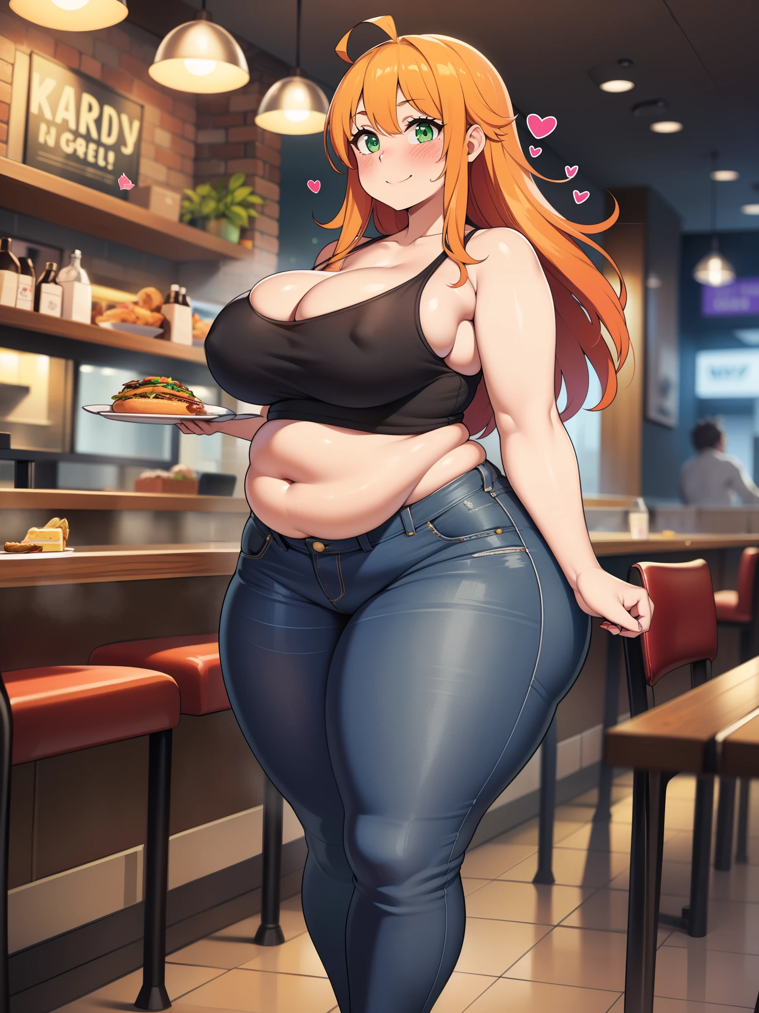 ((highres)), Masterpiece, high quality, best quality, beautiful, perfect lighting, detailed face, ultra cute face, ((1girl)), full body, ((blush)), ((blush)), nervous smile, looking at viewer, skindentation, long orange hair, fluffy hair, green eyes, jeans, tank top, tight clothes, full body, fast food restaurant, large breasts, perky breasts, cleavage, ((wide hips)), ((thick thighs)), chubby, chubby belly, holding a plate of food, waitress, looking at viewer, spoken heart,
