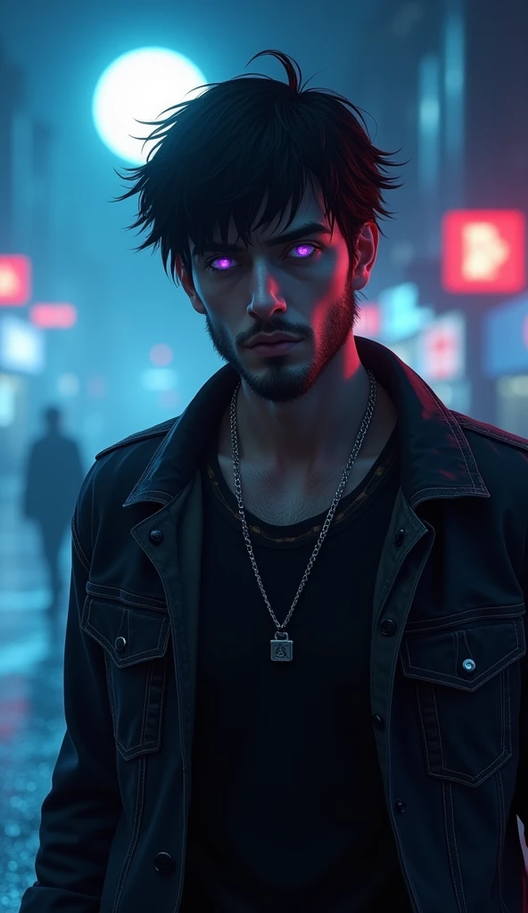 (realistic) 1 white adult male with bright purple eyes, messy black hair parted in the middle, and a short beard. Serious expression. Wearing an open black denim jacket, a black shirt underneath and a silver chain around his neck. Walking in a futuristic city at night with heavy fog and blue moonlight.