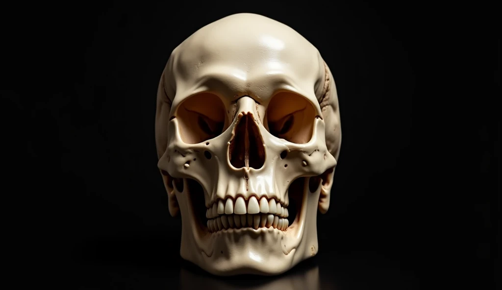 A close-up view of a human skull's front, isolated on a solid black background, showing intricate details of the teeth and eye sockets, highly realistic.