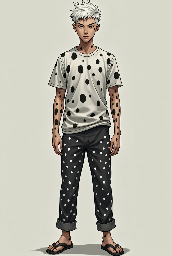 Human version of a brown-eyed Dalmatian, masculine and with Japanese features, White hair, polka dot clothes like dalmatian.