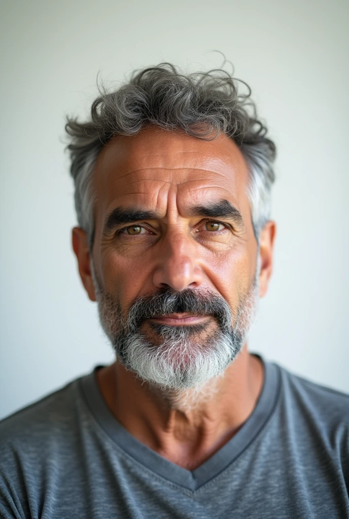 Image is a portrait-style photograph featuring a middle-aged man with a medium skin tone. He has short, curly gray hair and a full beard and mustache that are also gray. His facial expression is neutral, and he is looking slightly downward. He is wearing a gray, long-sleeved shirt with a subtle pattern. The background is plain and light-colored, possibly white or off-white, with no visible objects or decorations. The lighting is soft and even, highlighting the details of his face and hair.