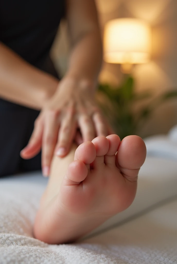 Close-up view of a client's foot being massaged by a professional massagist in a tranquil clinic setting