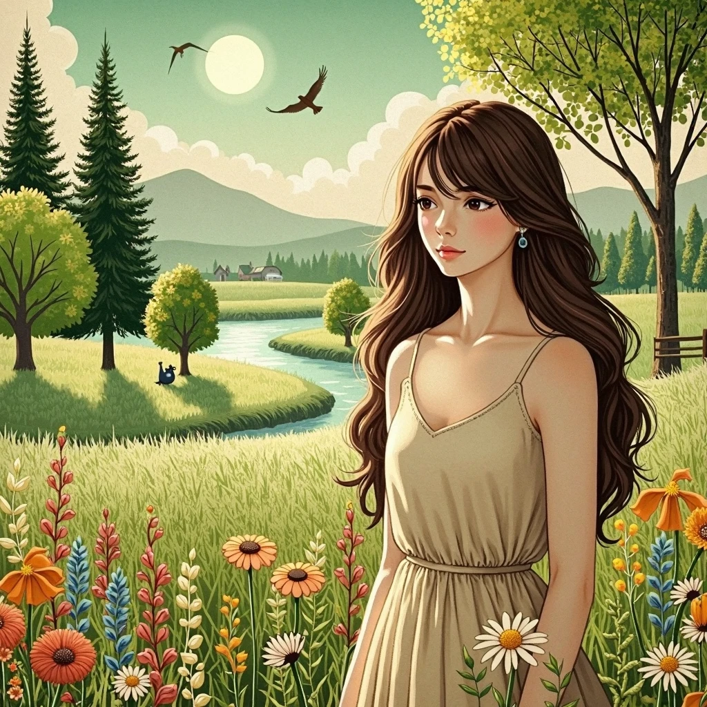 A high quality anime drawing, melancholic, young woman with slight curves and long brown hair, blue eyes