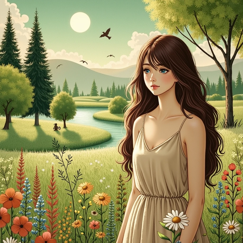 A high quality anime drawing, melancholic, young woman with slight curves and long brown hair, blue eyes