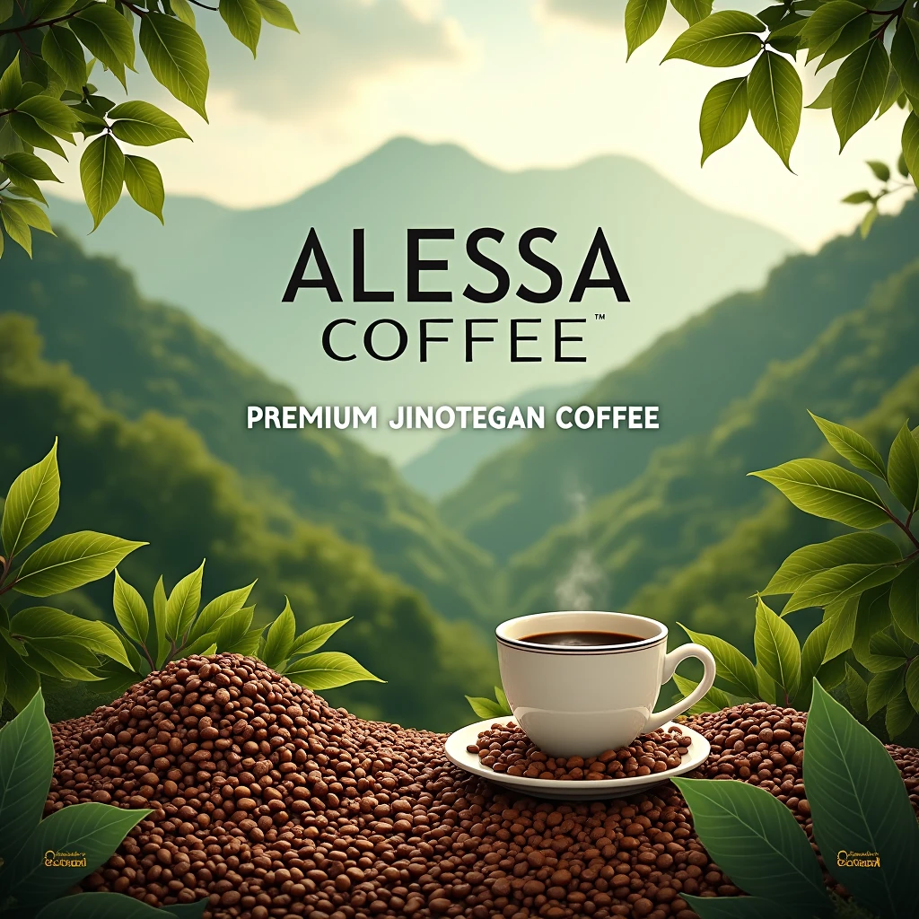 Create ripe coffee beans and roasted coffee surrounded by green mountains and in the middle says: ALESSA COFFEE PREMIUM JINOTEGAN COFFEE