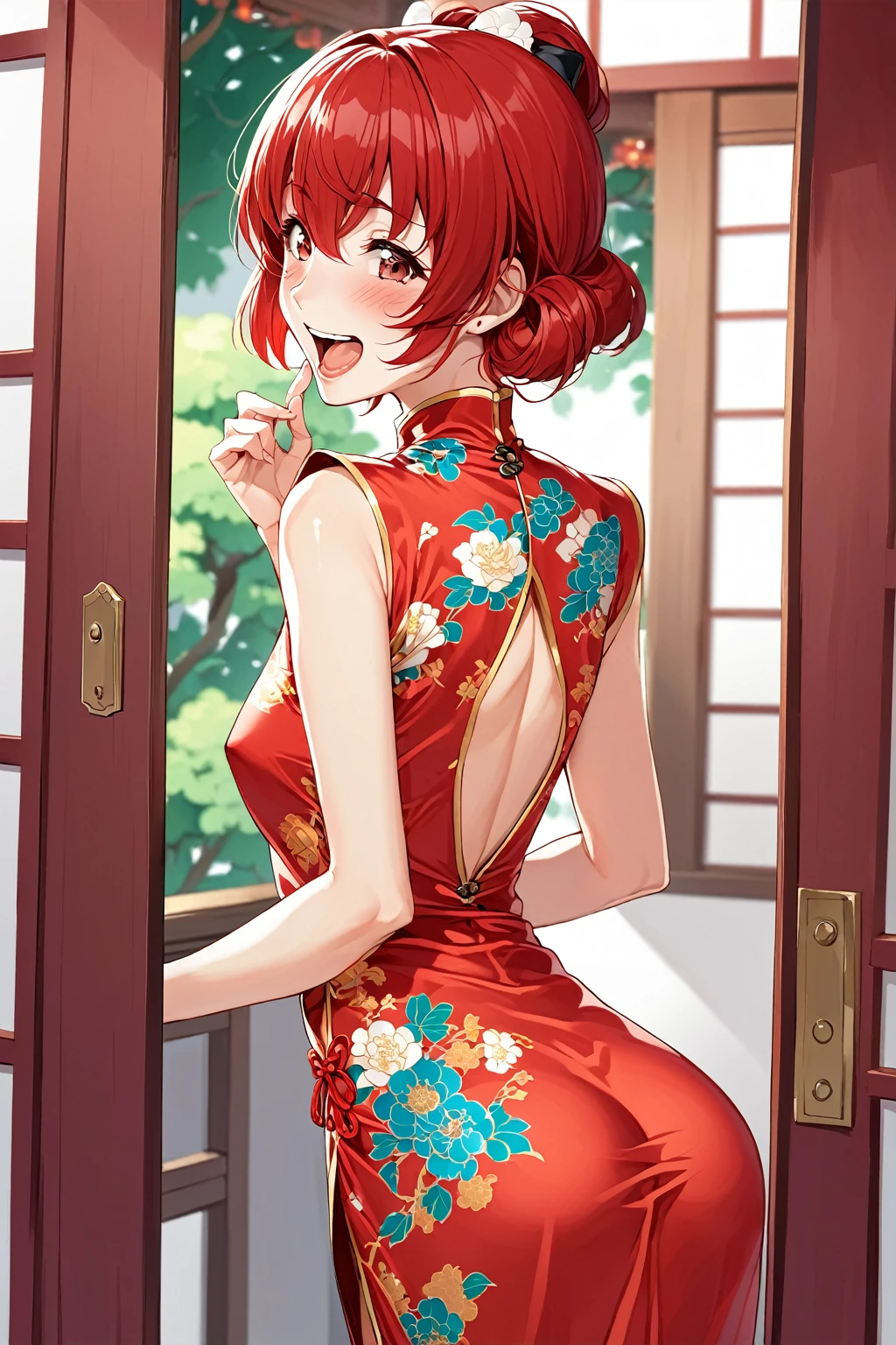 woman,20-year-old,Ranma二分の一の主人公「Ranma」,(((Silk Chinese Dress))),,Laughing with your mouth open((Red hair)),blush、,((Looking Back))()Reflecting the buttocks
