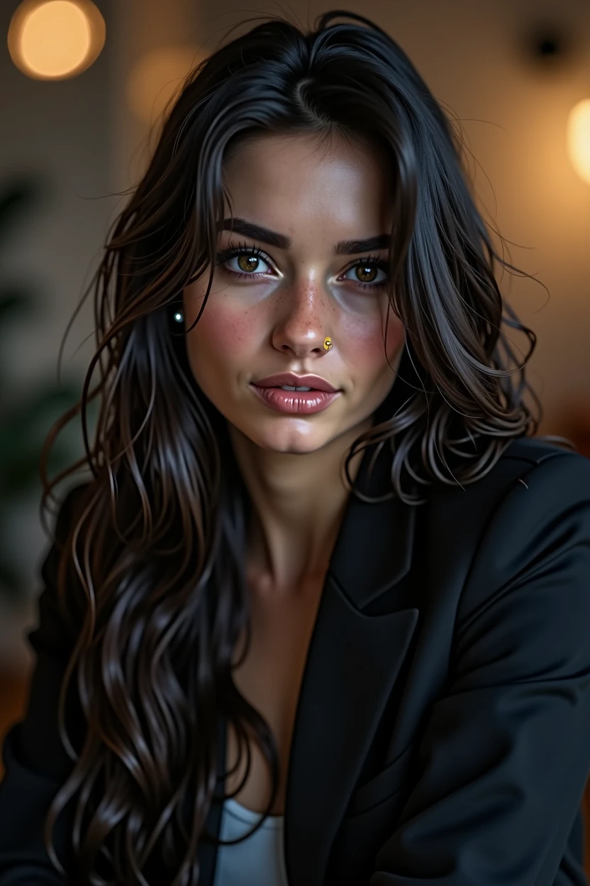 beautiful girl with long dark hair, Detailed eyes, nose, and lips, noseить профессиональную одежду, Sitting in my office, with your computer, компьютер hp (Best quality,4K,8 K,a high resolution,masterpiece:1.2),ultra-detailed,(realists,photorealists,photo-realists:1.37),HDR,studio lighting,very detailed face and body, portrait,cinematic lighting,dramatic lighting,warm colors,Dramatic colors