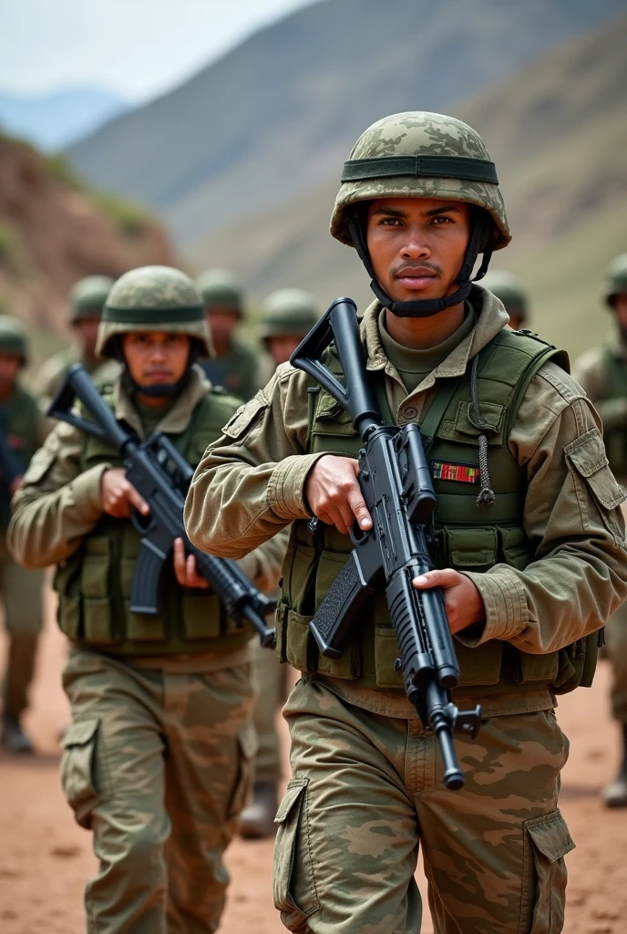 Several photos of Bolivian men and women undergoing military training