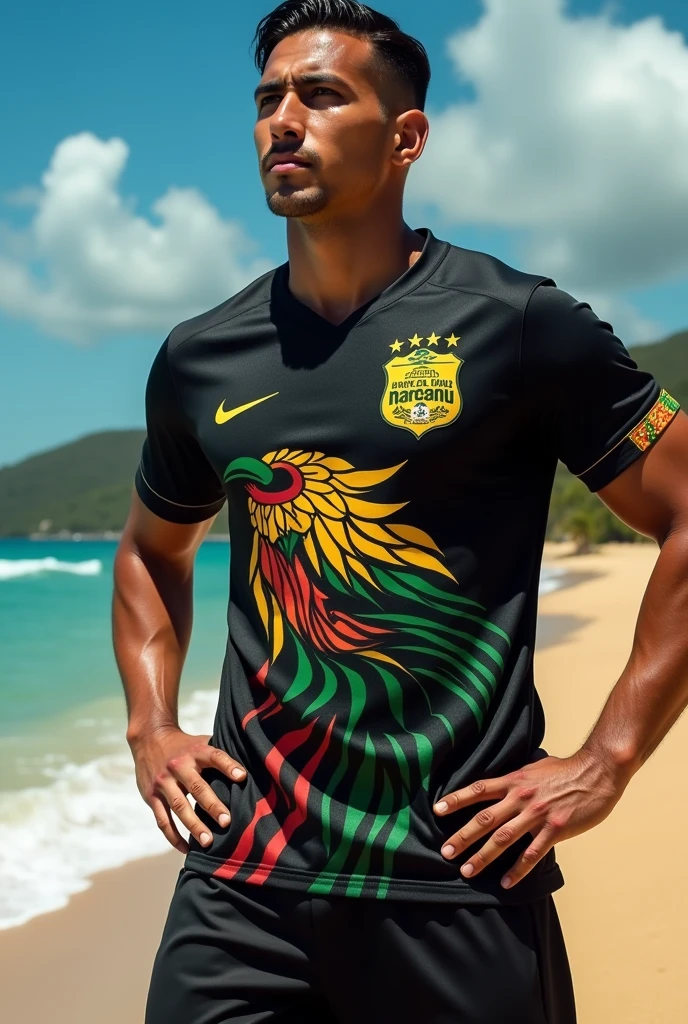 Create an all-black team shirt with the Maranhão state flag on the chest of the shirt at the top, the wise-of-the-beach bird on the bottom side of the blouse, and reggae flag details on the sleeve of the blouse